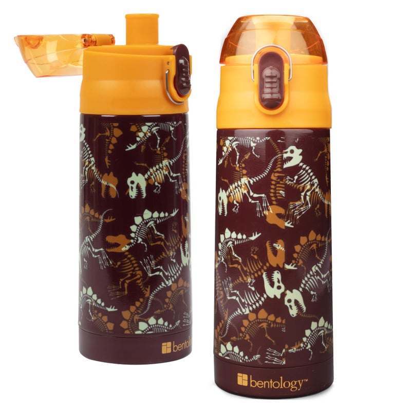 Bentology Stainless Steel 13 oz Reusable Water Bottle for Kids, Dinosaur - Double Wall Insulated, Spill Proof Lid w/Built-in Straw- Keep Liquids Hot or Cold For Hours- Fits in Lunch Boxes & Bags - Image 1